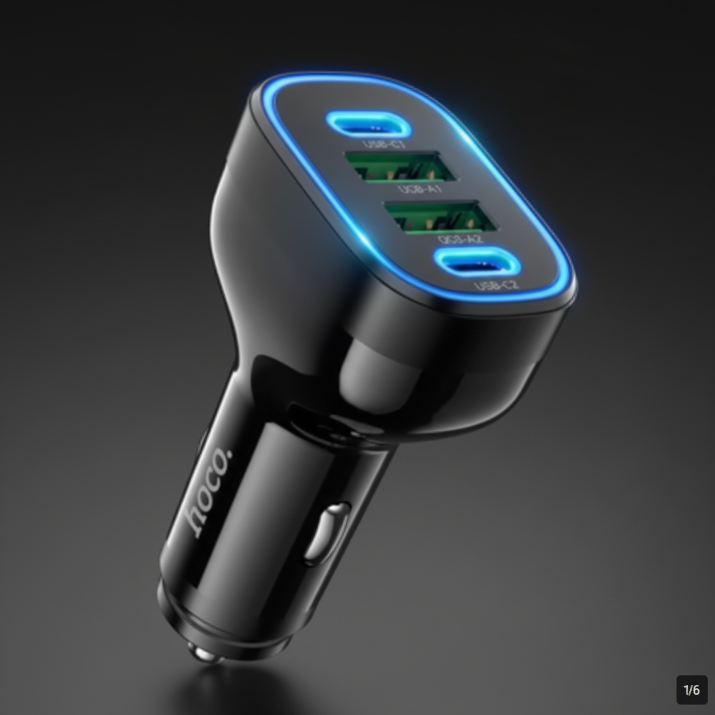 HOCO 4-Port LED Car Charger Premium Studio Photo
